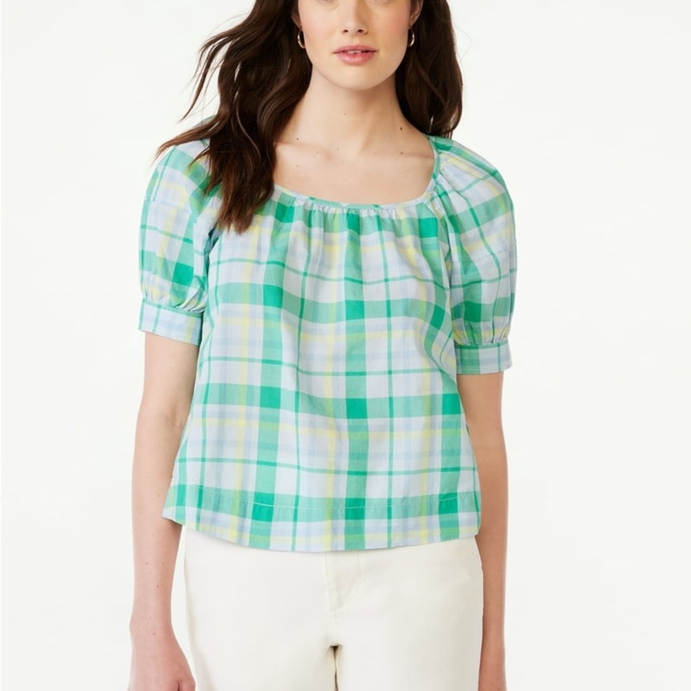 Free Assembly Women's Square Neck Top with Short Puff Sleeves